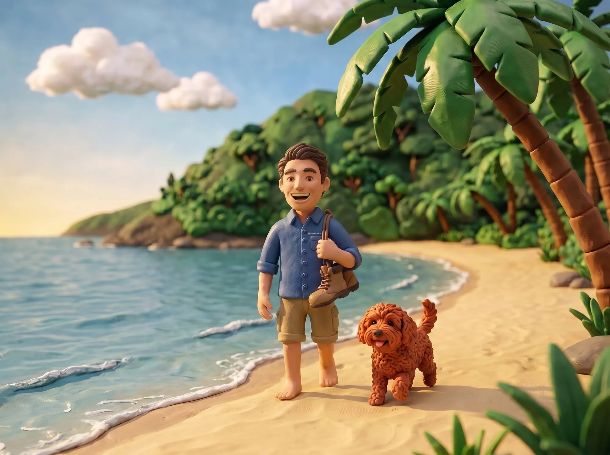 Claymation scene of a BH Electrics electrician walking barefoot up Trinity Beach at the end of the day with his boots over his shoulder and his dog alongside