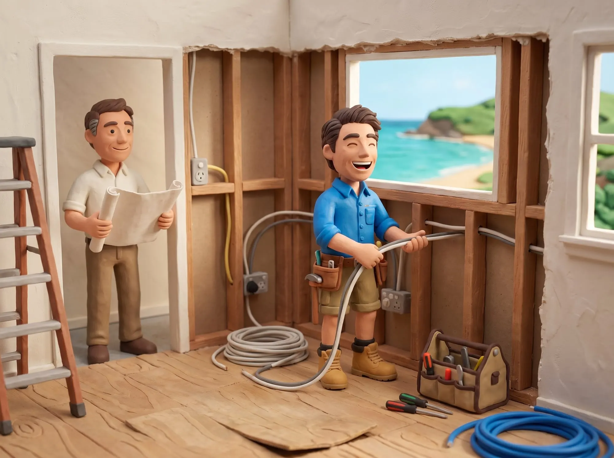 Claymation scene of a BH Electrics electrician running new cable through the open wall of a Wangetti kitchen renovation while the homeowner looks on