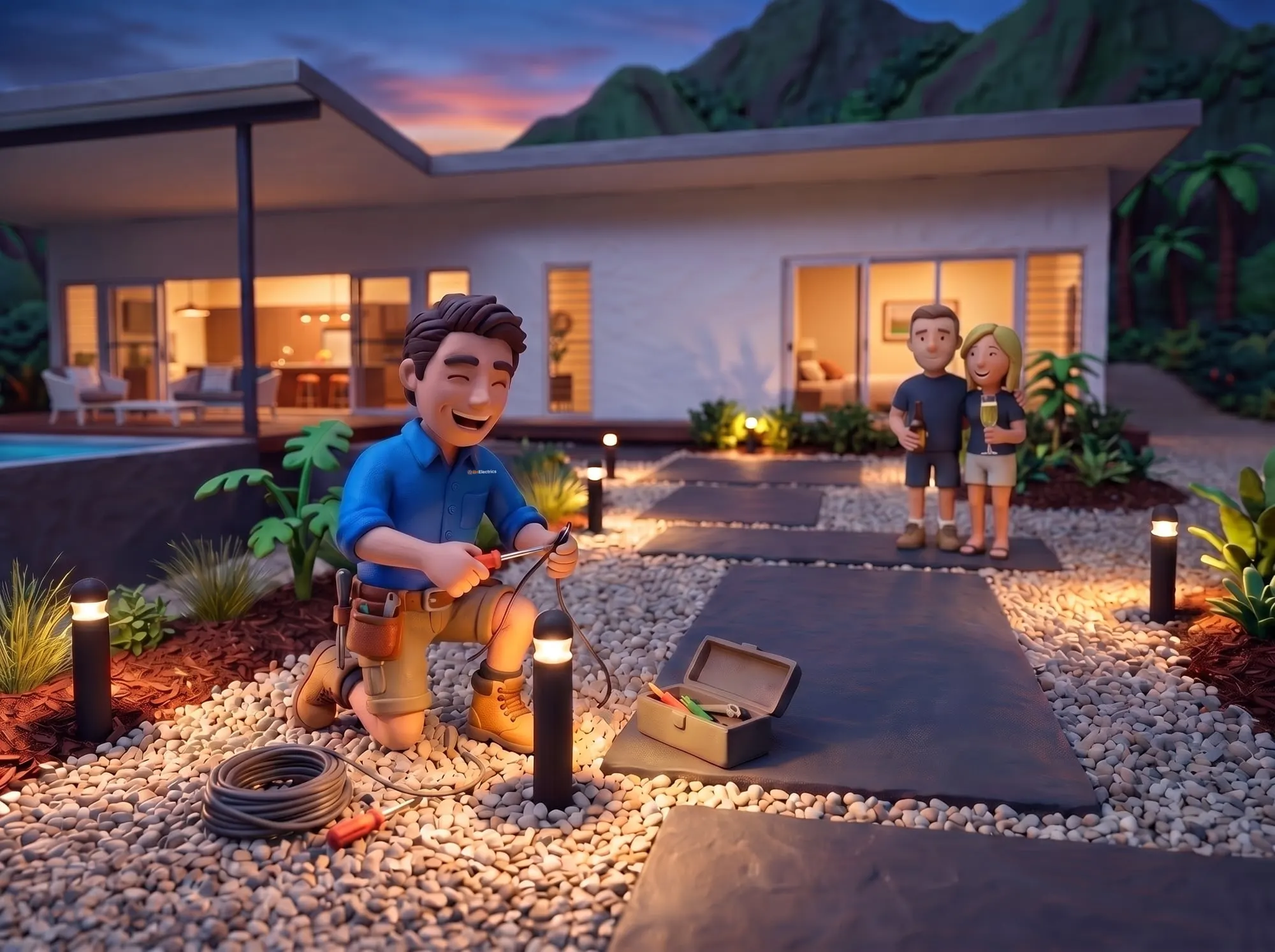 Claymation scene of a BH Electrics electrician installing garden path lighting at dusk at a Whyanbeel home while the owners watch