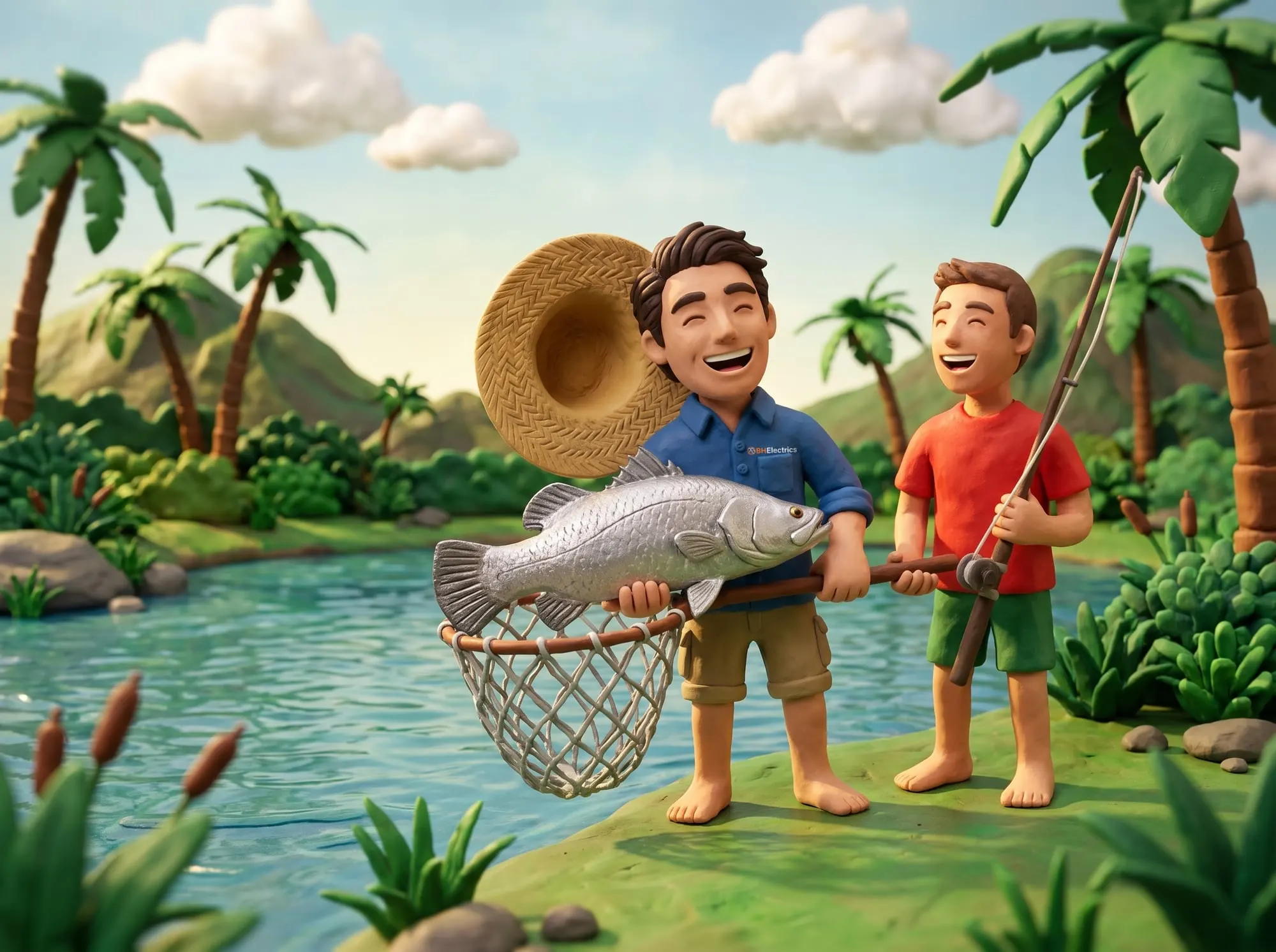 Claymation scene of a BH Electrics electrician and a mate holding up a barramundi at a lake behind Wonga Beach